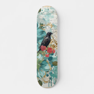 Distressed Teal Florals Raven & Roses Skateboard 