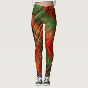 Distressed Traditional Red Green Tartan Check Mix Leggings