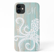Distressed Turquoise Beach Wood Octopus Monogram
