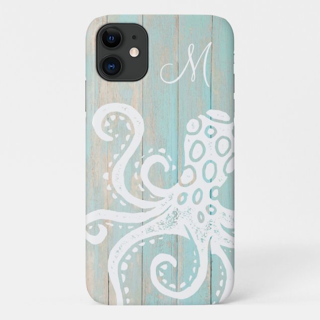 Distressed Turquoise Beach Wood Octopus Monogram Case-Mate iPhone Case (Back)