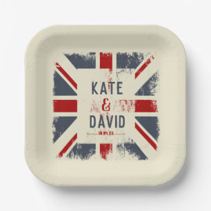 Distressed Union Jack Couple's Names Wedding Date Paper Plate