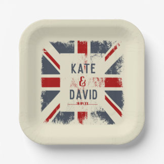 Distressed Union Jack Couple's Names Wedding Date Paper Plate