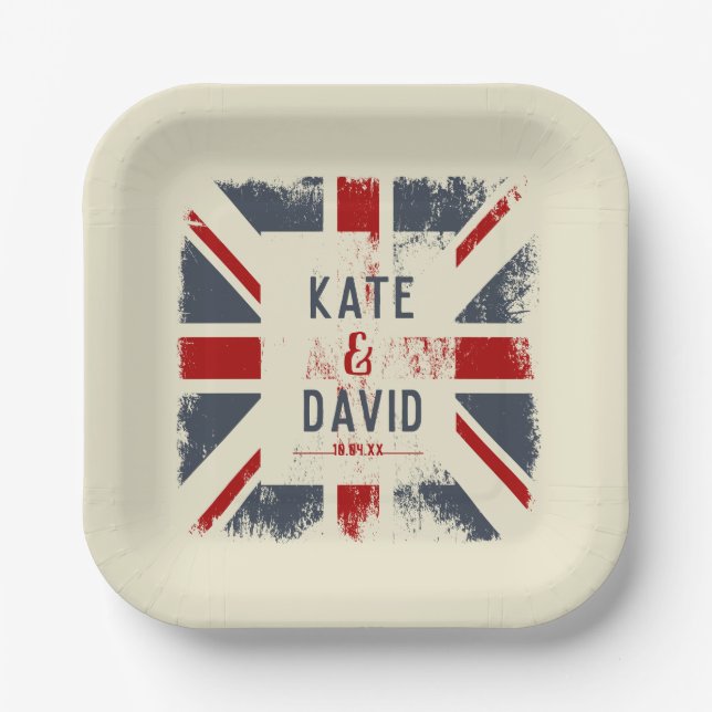 Distressed Union Jack Couple's Names Wedding Date Paper Plate (Front)