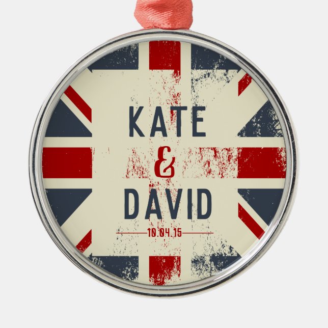 Distressed Union Jack Couple's Names Wedding Gift Metal Tree Decoration (Front)