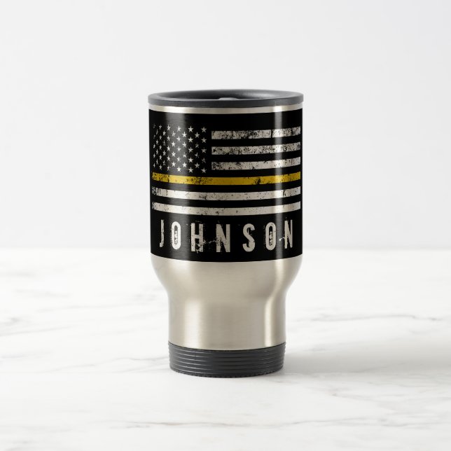 Distressed US Thin Gold Line Flag |Police Dispatch Travel Mug (Center)