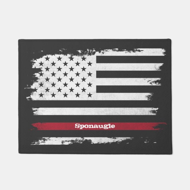 Distressed USA Flag Red Stripe Personalised Name D Doormat (Front)