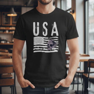 Distressed USA Flag Skull Graphic T-Shirt
