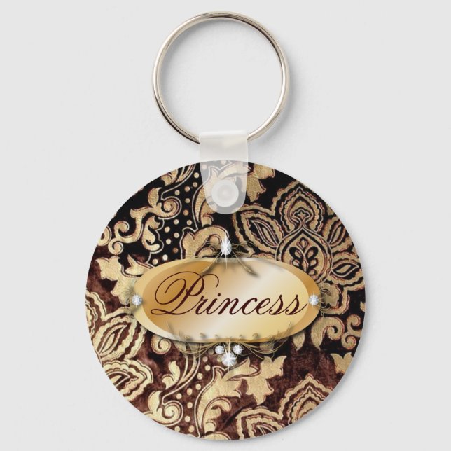 distressed victorian gold chocolate brown damask key ring (Front)