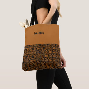 Distressed Victorian Orange Black Damask Name Tote Bag