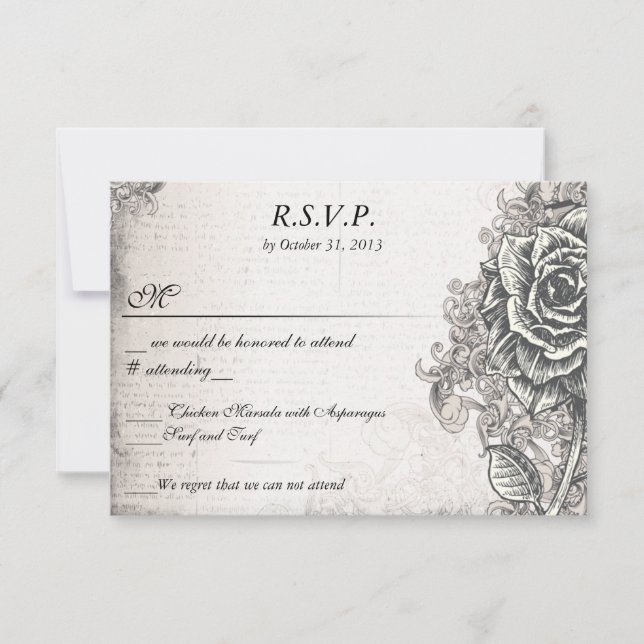 Distressed Victorian Vintage Tattoo Rose  RSVP Card (Front)