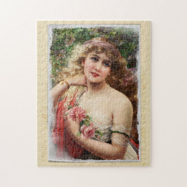 Distressed Victorian Woman with Pink Roses Jigsaw Puzzle (Vertical)