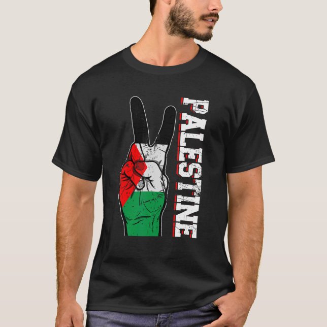 Distressed Victory Two Fingers Palestine Flag Patr T-Shirt (Front)