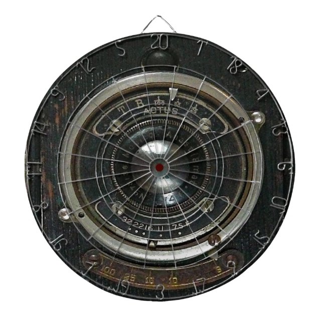 Distressed vintage camera lens dartboard (Front)