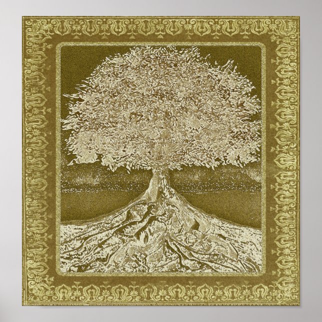 Distressed Vintage Old Gold Coloured Tree Poster (Front)