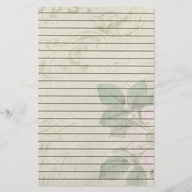 Distressed Vintage Pink Flower With Lines Stationery (Front)