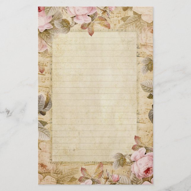 Distressed Vintage Pink Flowers and Music Stationery (Front)