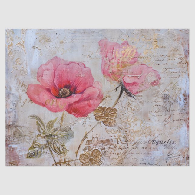 Distressed Vintage Pretty Pink Poppies Tissue Paper (Front)