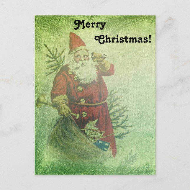 Distressed Vintage Santa Claus Evergreen Boughs Postcard (Front)