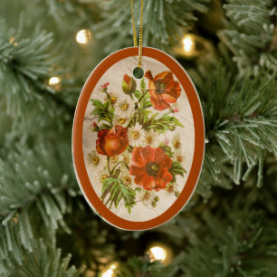 Distressed Vintage Victorian Botanical Red Poppy Ceramic Tree Decoration