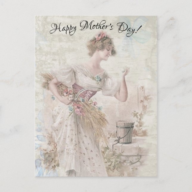 Distressed Vintage Woman Gathering Flowers Grain Postcard (Front)