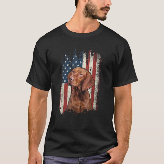 Distressed Vizsla American Flag Patriotic Dog  T-Shirt (Front)