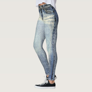 Distressed Wash Jeans All-Over Printed Leggings