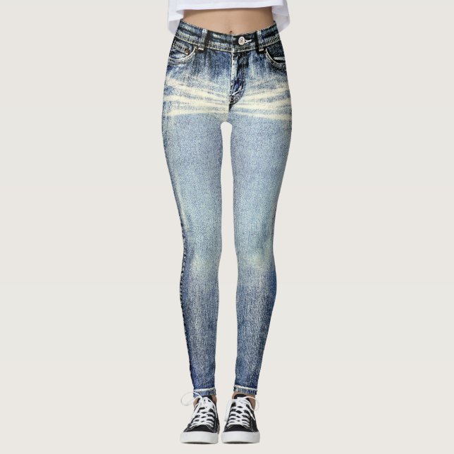 Distressed Wash Jeans All-Over Printed Leggings (Front)