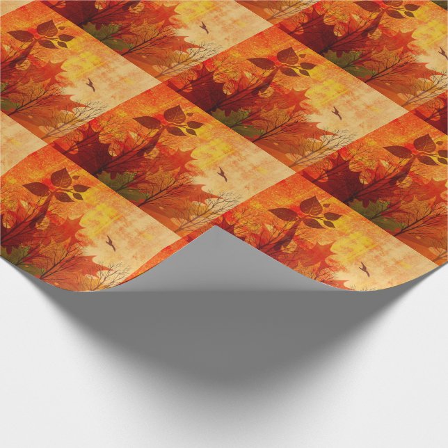 Distressed Watercolor Over Autumn Leaves Wrapping Paper (Corner)
