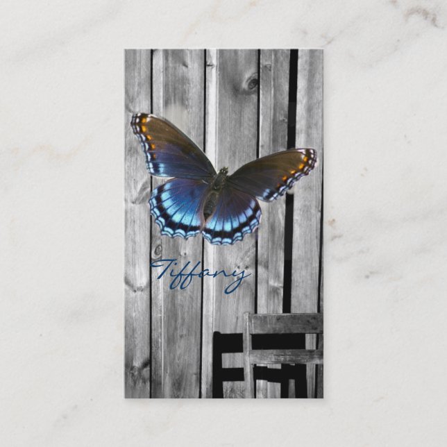 Distressed Weathered Wood farmhouse Blue butterfly Business Card (Front)