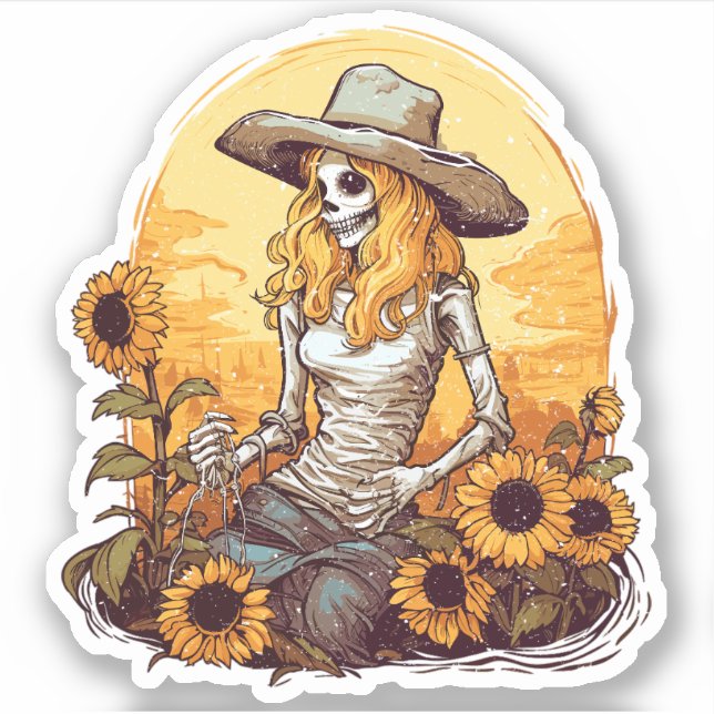 Distressed Western Cowgirl Skeleton and Sunflowers (Front)