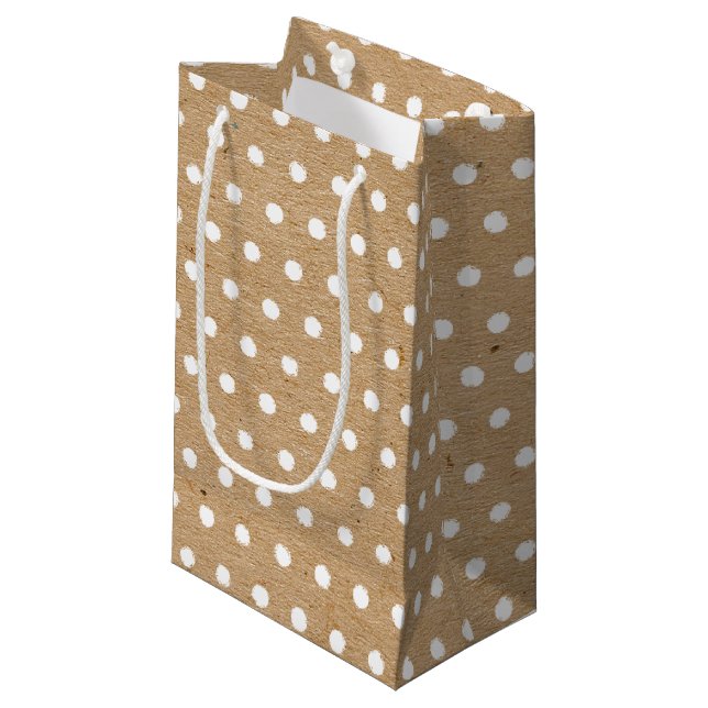 Distressed White Polkadots Pattern on Faux Kraft Small Gift Bag (Front Angled)