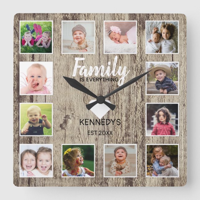 Distressed Wood 12 Photo Collage Family Quote Square Wall Clock (Front)