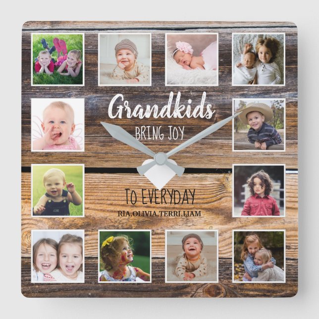 Distressed Wood 12 Photo Collage Grandkids Quote  Square Wall Clock (Front)