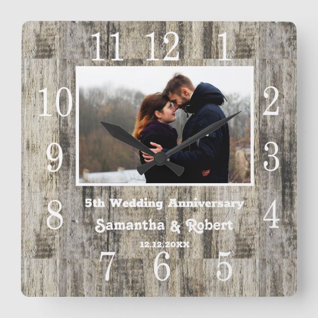 Distressed Wood 5 Year Anniversary Photo Square Wall Clock (Front)
