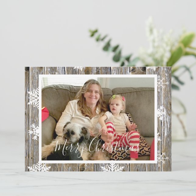 Distressed Wood and Snowflakes Photo Christmas Holiday Card (Standing Front)
