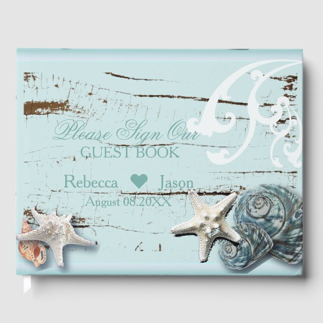 Distressed Wood Beach Blue seashell wedding Guest Book (Front)