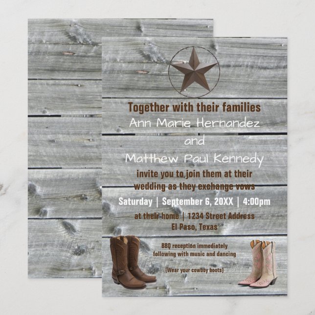 Distressed Wood Cowboy Boots - Wedding Invitation (Front/Back)