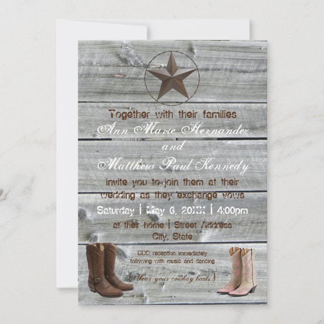 Distressed Wood Cowboy Boots - Wedding Invitation (Front)