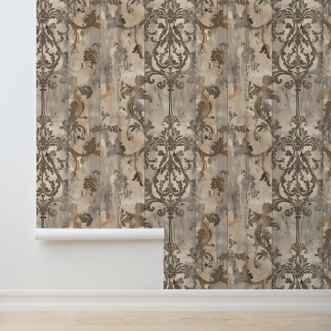Distressed Wood Damask Vintage Wallpaper (Application)