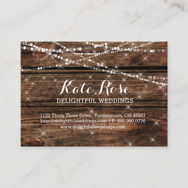 Distressed Wood Lights Business Card Wedding (Front)