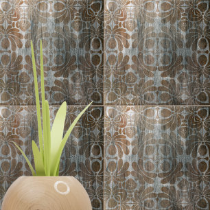 Distressed Wood Replica Brown Damask Ornate  Tile