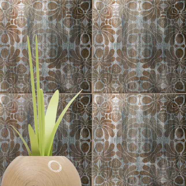 Distressed Wood Replica Brown Damask Ornate  Tile (Creator Uploaded)