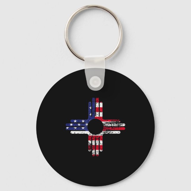 Distresses American Flag New Mexico Zia Symbol For Key Ring (Front)