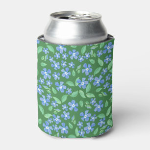 Ditsy Bright Blue Periwinkles on Green Floral Can Cooler