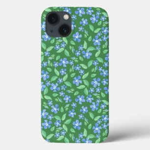Ditsy Bright Blue Periwinkles on Green Floral iPhone 13 Case