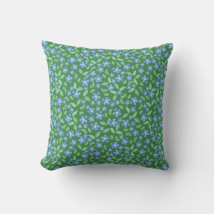 Ditsy Bright Blue Periwinkles on Green Floral Cushion