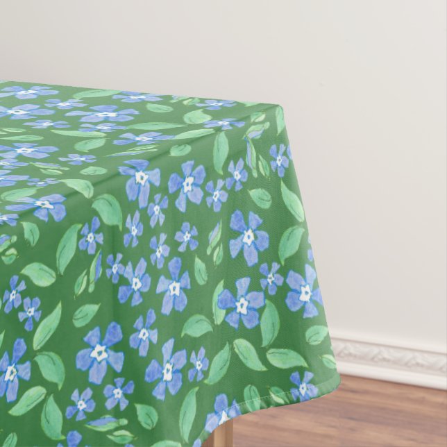 Ditsy Bright Blue Periwinkles on Green Floral Tablecloth (In Situ)