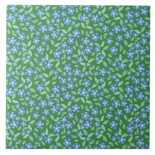Ditsy Bright Blue Periwinkles on Green Floral Tile (Front)