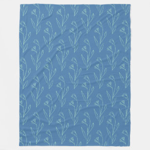 Ditsy Dainty Boho Floral Line Art Drawing in Blue  Fleece Blanket