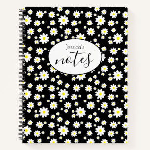 Ditsy Daisy Flower Pattern Custom Name Black Notebook